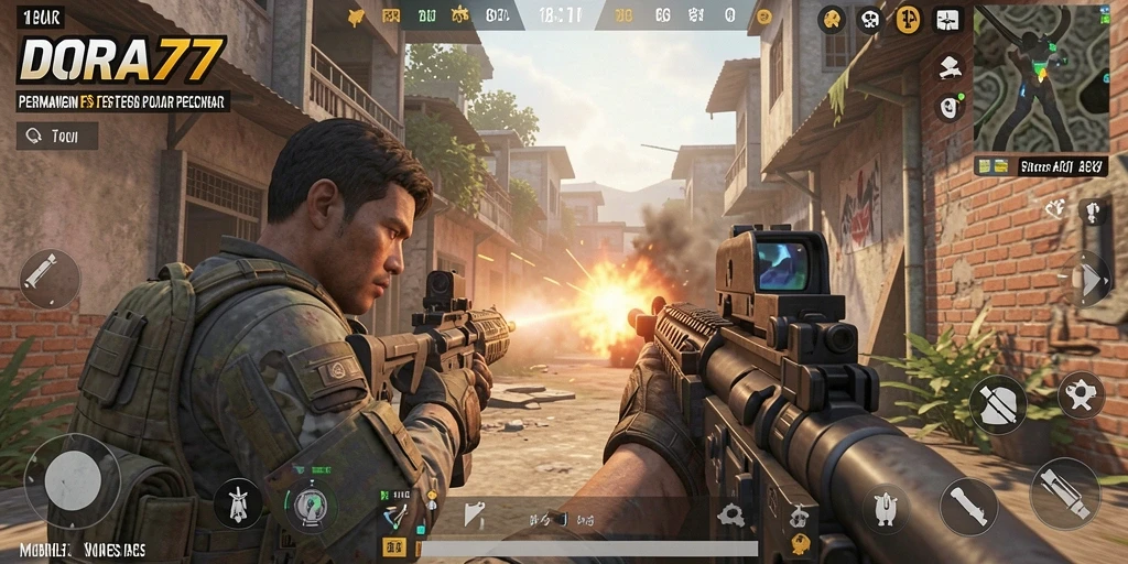 Screenshot DORA77 menampilkan aksi intens dalam pertempuran FPS.