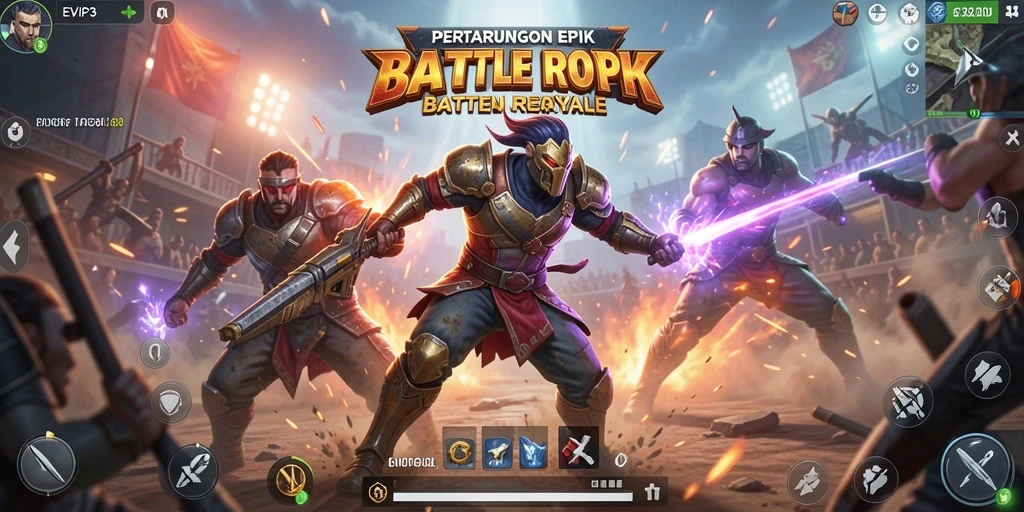 Tangkapan layar EVIP3 menampilkan aksi seru dalam pertempuran Battle Royale.