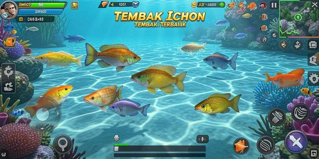 Gameplay seru Tembak Ikan dengan banyak ikan berwarna-warni.